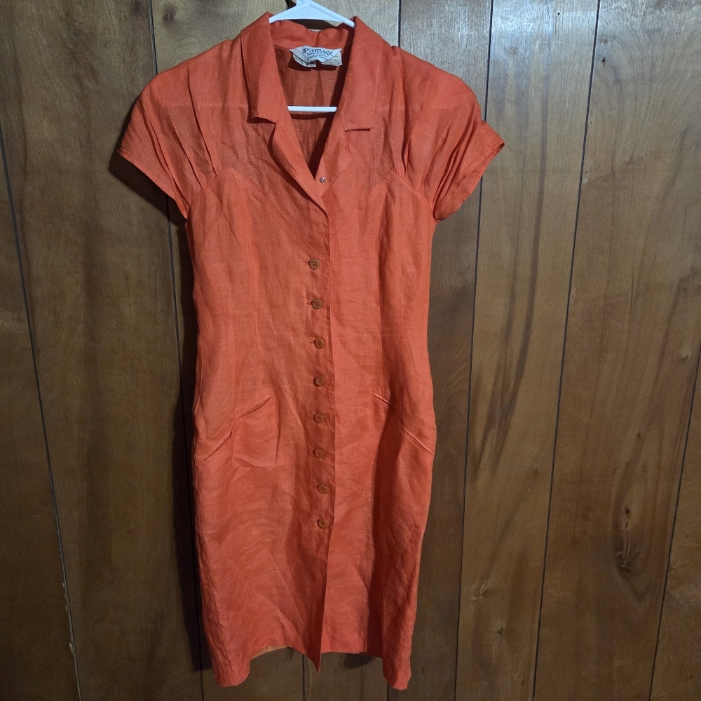 Vintage Sportmax orange 100% linen button down dress Size 4 shoulder pads